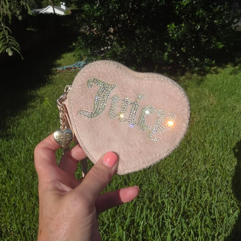 Juicy Couture Heart Coin Purse Pink Rhinestone Faux Fur Y2K Wristlet Pouch